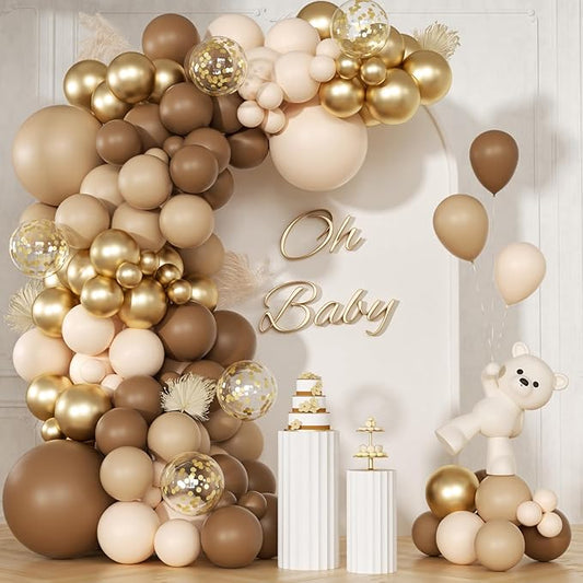 147pcs Brown Balloon Arch Garland Kit, Different Sizes with Dark Brown Light Brown Sand White Metallic Gold Balloons for Boho Neutral Birthday Wedding Jungle Bear Baby Shower Decorations