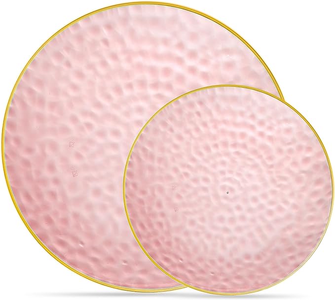 PLASTICPRO 128 Piece Combo Plates Set includes 64-7'' inch Plate & 64-10'' inch Plates Pink Hammered Plastic Party Plate Premium heavyweight Elegant, Disposable, Tableware, Dishes,