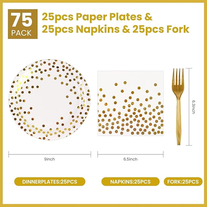 75PCS White Gold Dot Paper Plates&Napkins Set-Disposable Dessert Plates 7IN Party Plates 6.5IN Napkins Plastic Fork Tableware for Birthday Wedding Graduation Holidays Party Decoration 25 Guests