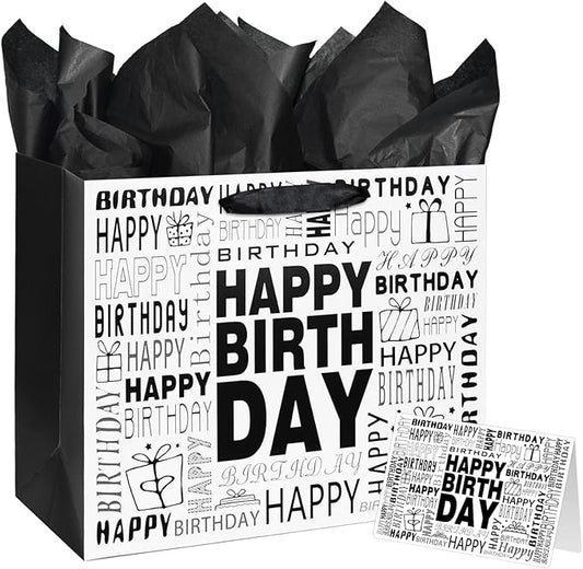 Laidans 13" Large Black and White Happy Birthday Gift Bag with Tissue Paper and Card for Men Women Birthday (Large)