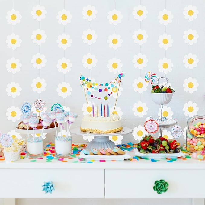 Pasimy 8 Pcs Daisy Boho Party Decorations Groovy Daisy Paper Garlands White Flower Hanging Garland Banner Hippie Flower Cutouts for Birthday Shower Wedding Party Favor Supplies(Fresh,White)