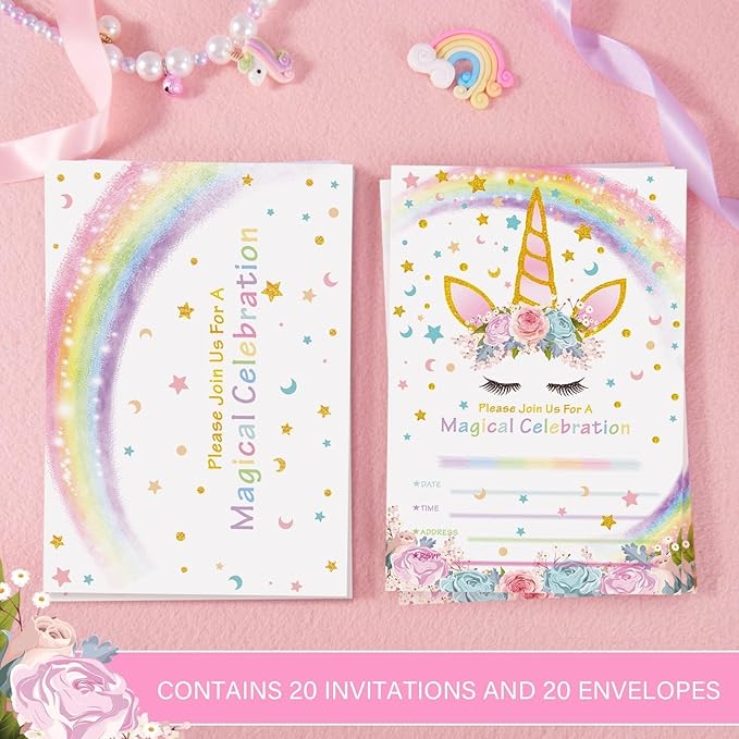 20 Sets Unicorn Party Invitations - Unicorn Party Suppies for Girls Birthday Invitation Cards with Envelopes Fill-in Blank Invite for Kids Summer Baby Shower Decoration