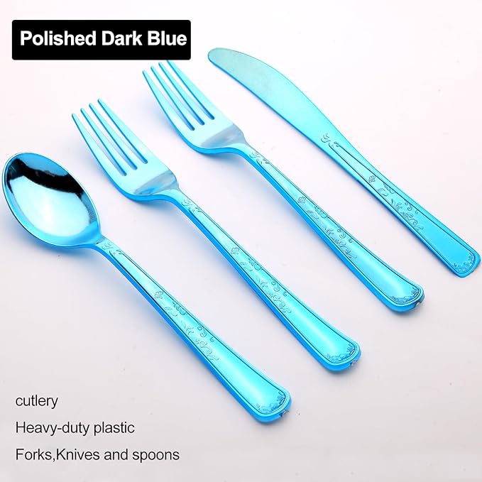 180 Pack Disposable Deep Blue Plastic Silverware Contain 60 Forks,60 Spoons,60 Knives, Solid and Durable Plastic Cutlery Utensils Set Perfect for Parties,weddings.