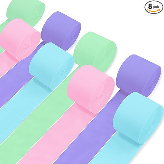 8 Rolls Crepe Paper Streamers, Blue, Purple, Pink and Green Streamers Party Decorations for Mermaid Party Birthday Baby Shower Bridal Shower Wedding Lavender Party