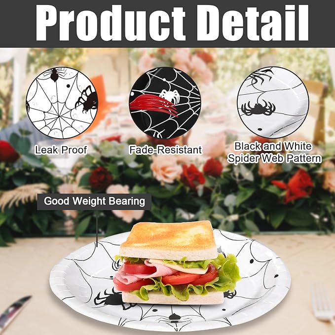 Halloween Spider Web Oval Paper Plates 10’’ x 12’’,Large Disposable Black White Spiderweb Tableware for Halloween Party Table Decor Supplies Tea Party Supplies,50 Guest