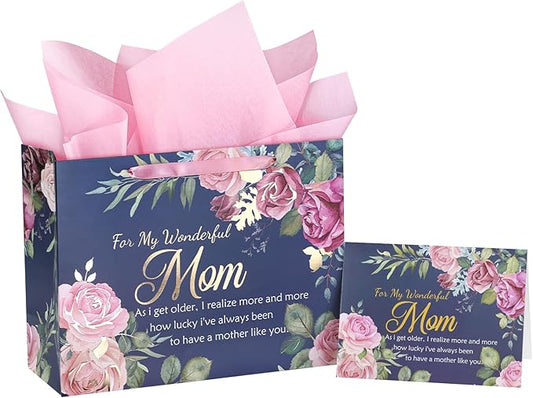 WRAPAHOLIC 13" Large Mom Birthday Gift Bag with Card and Tissue Paper - Elegant Floral and Gold Foil For My Wonderful Mom Lettering Design