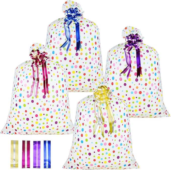 4 Pcs Large Gift Bags Oversized Plastic Storage Bags 48"x 36" with 4 Pcs Pull Flowers for Huge Big Gifts Presents Wrapping Kids Bicycle Bike Goodie Bags, Birthday, Party, New Parents Baby Shower
