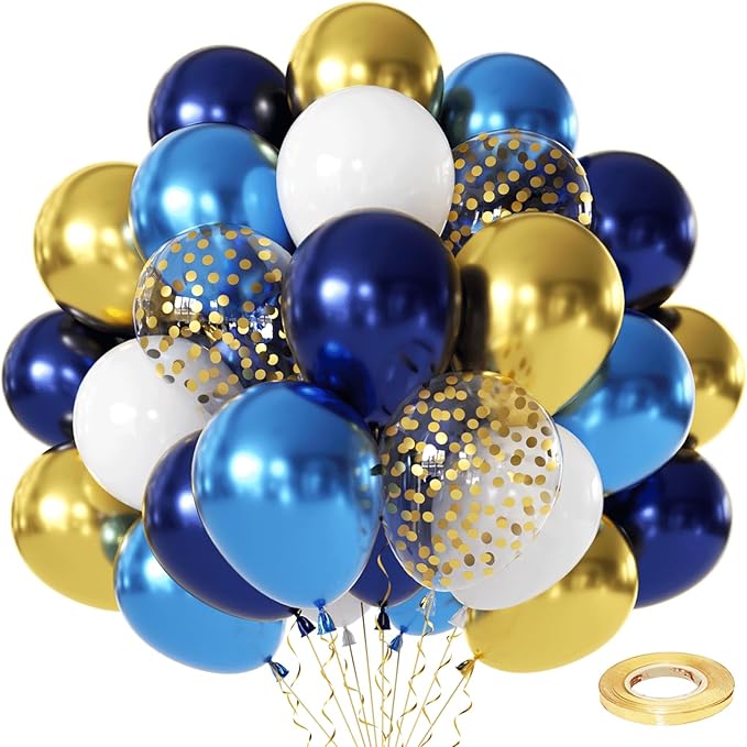 Navy Blue and Gold Confetti Balloons - 50pcs 12 Inch Metallic Blue Gold Matte White Latex Balloons with 33 Feet String for Birthday Wedding Gender Reveal Party Decorations