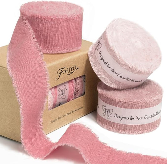 Pink Cotton Ribbon 1 Inch Pink, Baby Pink & Dusty Rose 3 Rolls 21 Yards Frayed Edge Fabric Set for Wedding Invitations, Bridal Shower, Baby Shower Decor, Bouquet Wrap & Gift Wrapping