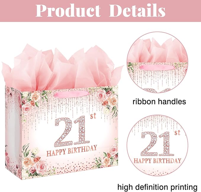 Laidans Sweet 21st Happy Birthday Gift Bag with Tissue Paper and Card for Girls Kids Birthday Party (Rose Gold)