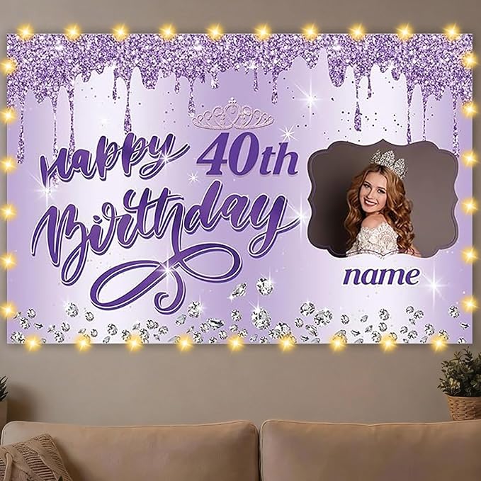 Dicodes Custom Happy Birthday Backdrop for Girls Women, Personalized Rose Gold Birthday Banner Glitter Diamond Photography Background (Purple)