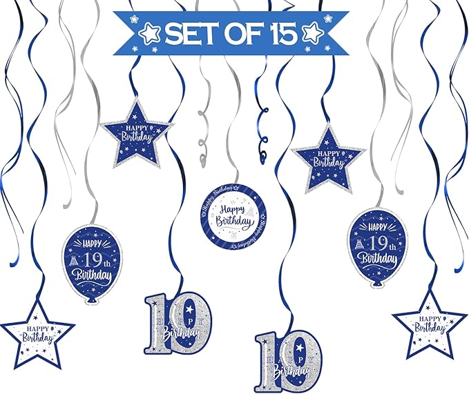 Happy 19th Birthday Blue & Silver Glitter Swirls Streamers Party Decorations - 15 Pcs 19th Birthday Hanging Swirls Streamers Kit,Cheers to Nineteen Years Old Bday Party Sign.