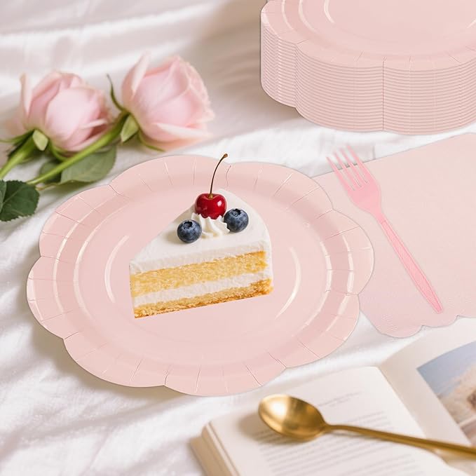 75 PCS Pink Paper Plates and Napkins Party Supplies, LightPink Scalloped Plates Napkins Forks Disposable Tableware Set for Bridal Baby Shower Wedding Birthday Party Decorations (Pink)