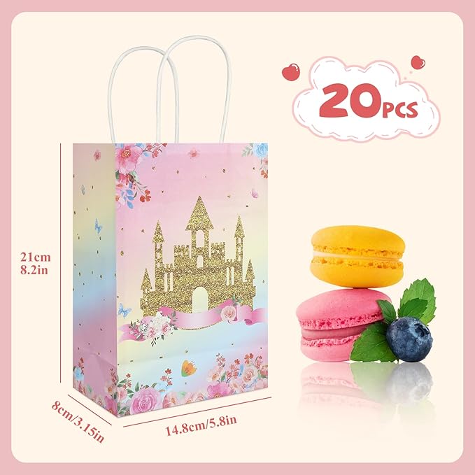 20Pcs Princess Prince Gift Bags with Handles, Butterfly Floral Castle Crown Party Favor Bags, Candy Goodie Bags Paper Treat Bags for Princess Baby Shower Birthday Party Supplies