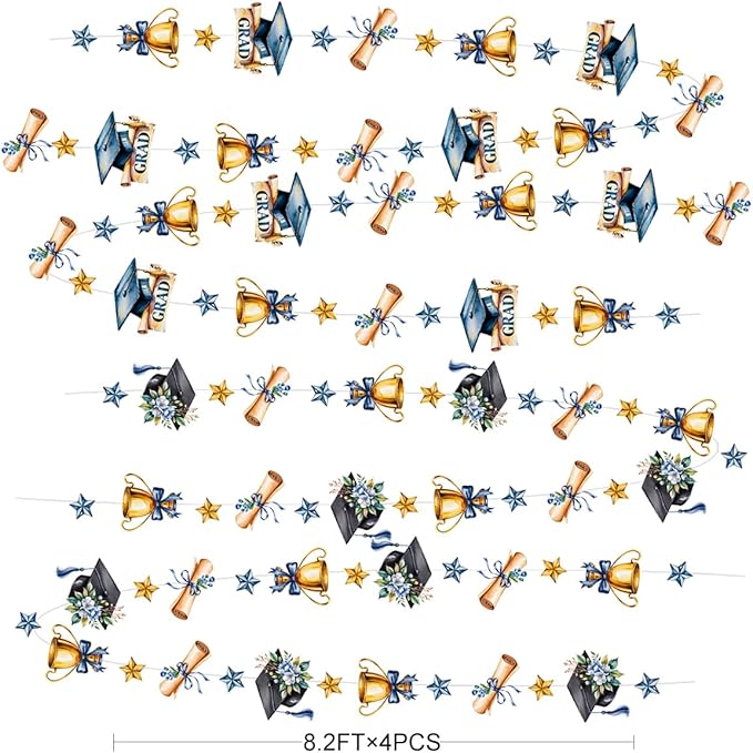 Blue Gold Graduation Party Hanging Streamer Floral Navy Gold Star Grad Cap Garland Banner for Congrats Grad You Did It Class of 2026 We are So Proud of You Themed Graduation Party Decorations Supplies