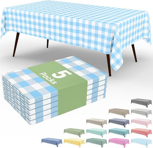 Smiry 5 Pack Baby Bule Gingham Disposable Tablecloths - 54" x 108" Heavy Duty Plastic Table Cloth, Waterproof Buffalo Plaid Table Covers for Picnic, Banquets, Parties