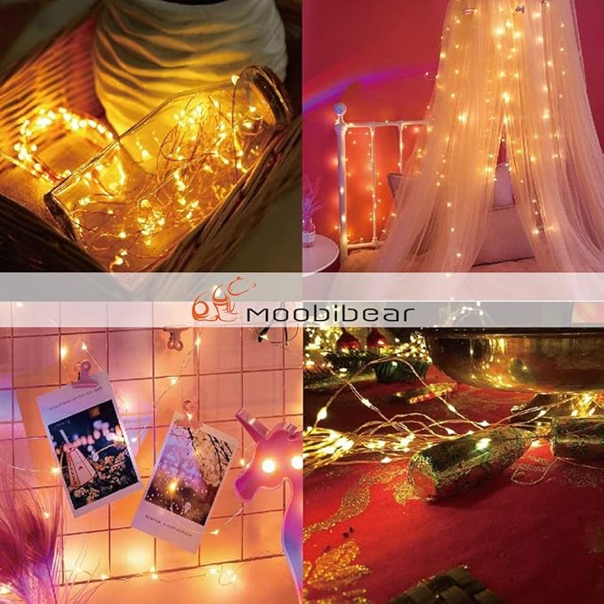 Moobibear Waterproof Fairy String Lights Plug in with 24 Keys Remote, 33ft 100LEDs Warm White Dimmable Starry Copper Wire Light for Indoor & Outdoor Wedding Birthday Valentines Day Decor