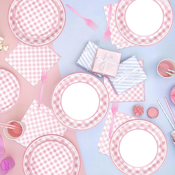 96 Pcs Pink Gingham Party Supplies 350 GSM Disposable Pink and White Buffalo Checked Paper Plates and Napkins Tableware Set for BBQ Picnic Baby Shower Birthday Party Decorations Serves 24