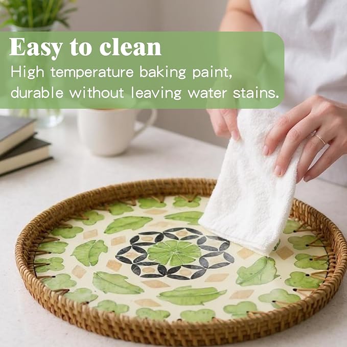 Round Rattan Tray with Mother of Pearl Inlay, Handwoven Wicker Coffee Table Serving Basket Tray for Fruit Snack Party Picnic Cafe Bedroom Kitchen Home Decor Set of 2 (Green Lucky Leaf)