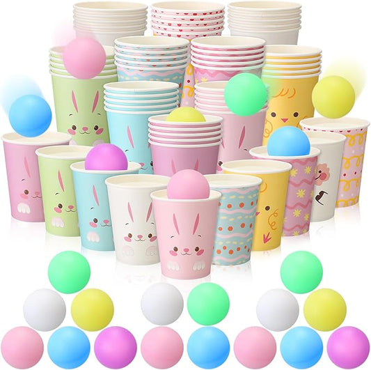 Hollowfly Bunny Party Game for Family 50 Bunny Paper Cups 24 Pastel Balls Animal Rabbit Activities Spring Carnival Throwing Toss Game for Birthday Gatherings Baby Shower Outdoor Indoor Party Supplies