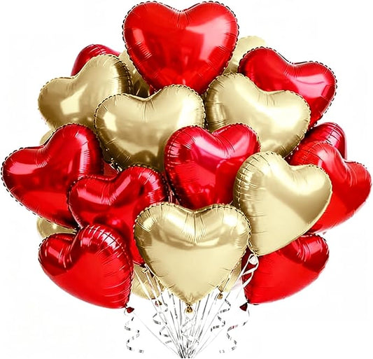 TONIFUL 30Pcs 18 Inch Champagne Gold Red Balloons Heart Shape Foil Mylar Banners Decoration for Birthday Valentine's Day Wedding Bridal Shower Anniversary Engagement Party Supplies