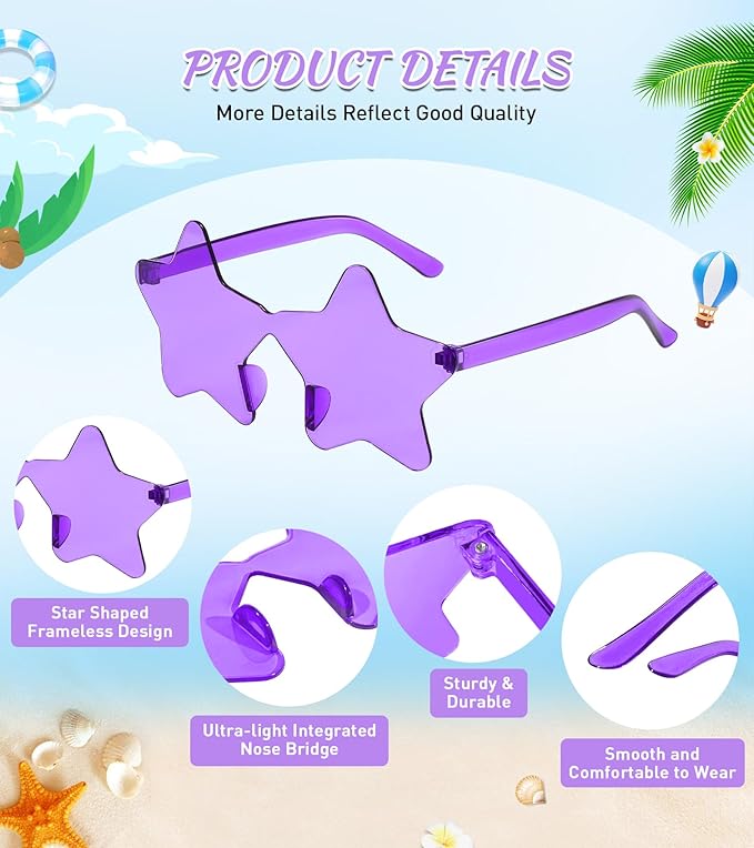 Matcheck 48 Pack Star Rimless Sunglasses Frameless Colored Party Glasses Transparent Fun Eyewear for Adult