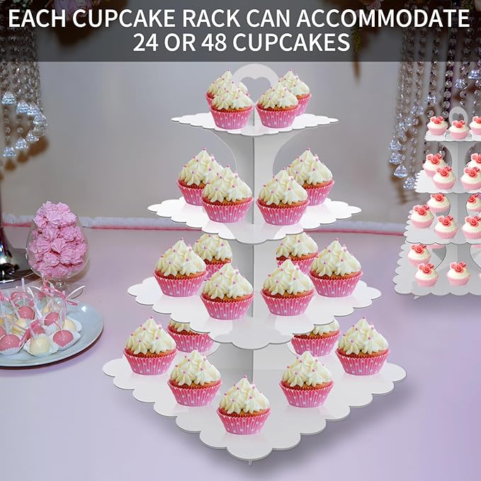 4-Tier Square White Cupcake Stand 2-Pack – Sturdy Cardboard Dessert Display for Weddings, Birthdays, Parties