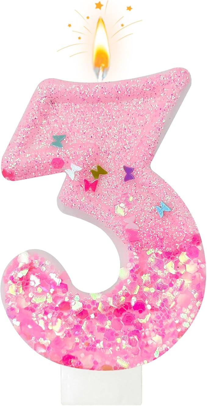 Pink Sequin Birthday Candles, Cake Number Candles, Girls 0th Birthday Decorations, Suitable for Birthday Parties, Anniversary Party Decorations(3)