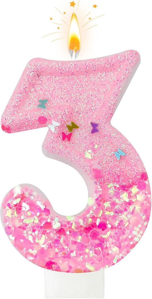 Pink Sequin Birthday Candles, Cake Number Candles, Girls 0th Birthday Decorations, Suitable for Birthday Parties, Anniversary Party Decorations(3)