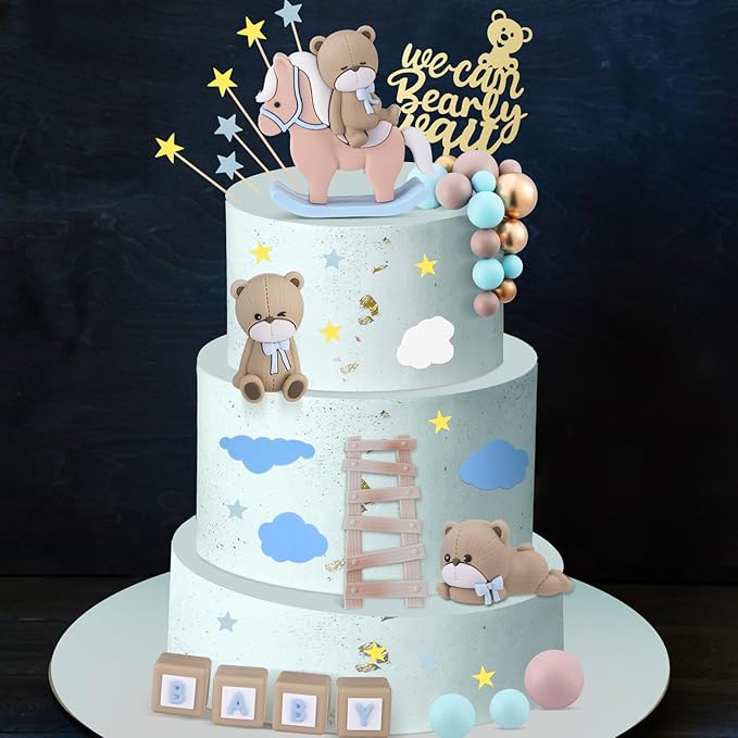 Yinder Bear Cake Toppers Mini Bear Cake Decorations Cake Toppers Gold White Pearl Ball for Birthday Party Decorations(Vivid Color,Vibrant Style)