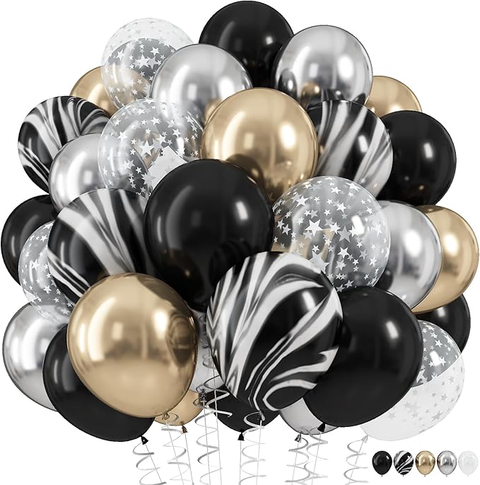 Black Gold Silver Balloon Set, 12 Inch Marble Black and Metallic Chrome Gold Silver with Clear Star Print Grad Latex Balloons for Boy Girls Birthday Party Graduation Retirement Baby Shower Decorations