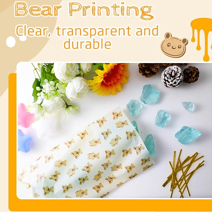 LEOSINDA100 Pcs Cellophane Bags 7 X 12 Inch Little Bear Cellophane Plastic Candy Bags with Twist Ties for Valentine's Day and Birthday Favors Gift Cookie Weddings Packing Party Favor Supplies