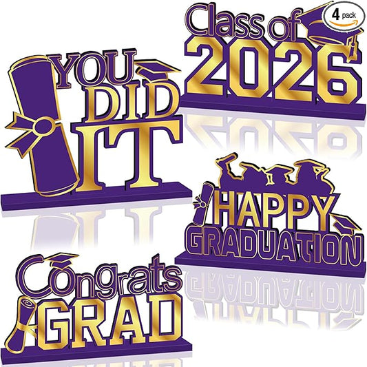 4Pcs Purple and Gold Graduation Decorations 2026 Congrats Grad Wooden Table Centerpieces Class of 2026 Table Sign Decorations for Graduation Centerpieces