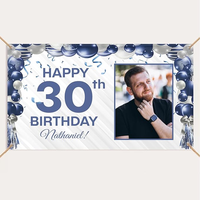 Custom Birthday Banner Personalized with Pictures and Name, Unique Backdrop Decoration for Husband or Him, Happy Birthday Party Banner for Men Women Celebrations