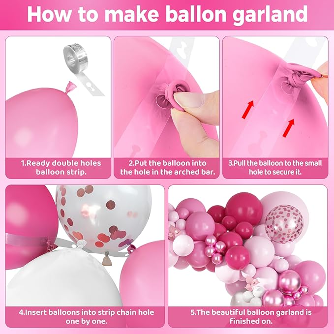 Ouddy Party 149Pcs Hot Pink White Balloon Garland Kit Different Sizes 18 12 10 5Inch, 6Pcs 18” Clear Metallic Rose Gold Confetti Balloons for Princess Baby Shower Wedding Birthday Party Decorations