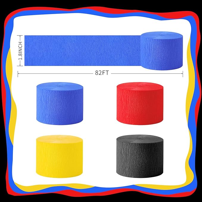 Cartoon Hedgehog Themed Decorations, 8 Rolls Red Blue Crepe Paper Streamers, Yellow Pin Black Streamer Party for Boys Kids Carnival Circus Birthday Party Decorations