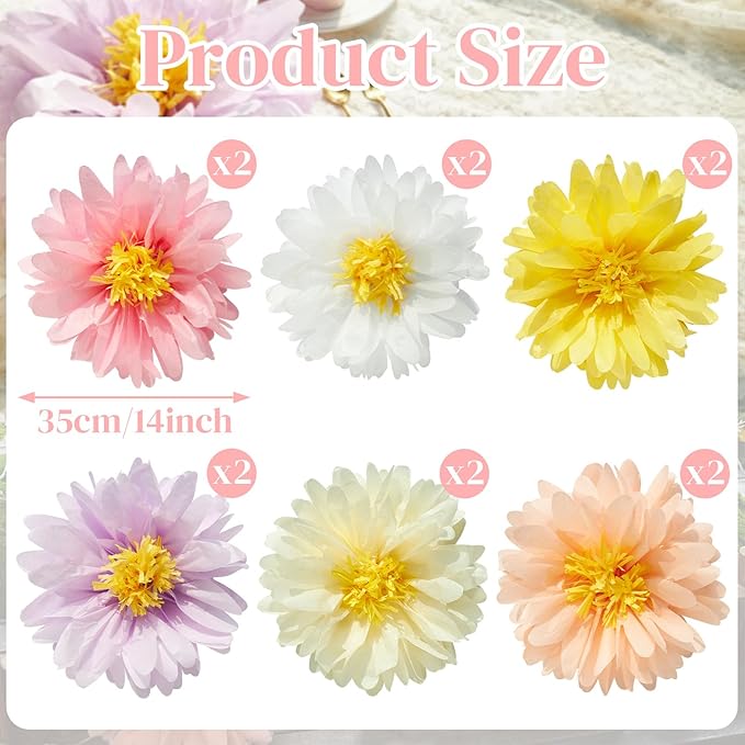 12 Pcs Daisy Tissue Paper Pom Poms Party Decorations Colorful Tissue Flowers Spring Party Decoration Paper Flowers Decorations for Wall Backdrop Garden Wedding Decor