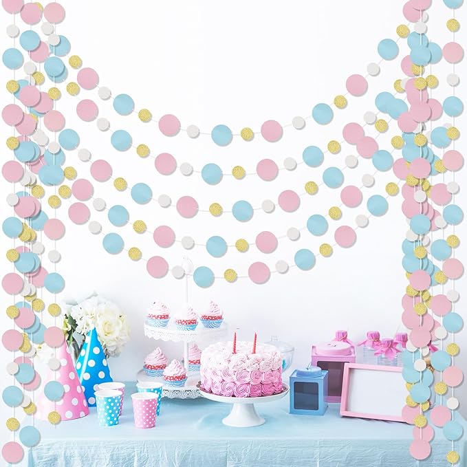 Outus 5 Pieces Pink,Blue,Gold,White Round Dots Garland Graduation Party Hanging Decor Each Length 13.1ft Glitter Paper Dot Streamers for Birthday Wedding Classroom Supplies