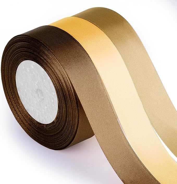 ASTARON Gold Brown Satin Ribbon for Wedding Bouquet DIY Crafts 1 Inch, Solid Color Fabric Ribbon for Gift Wrapping Christmas Gift Bows Hair Bows Silk Ribbon for Bouquets Baby Shower Decor