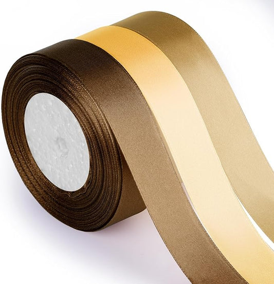 ASTARON Gold Brown Satin Ribbon for Wedding Bouquet DIY Crafts 1 Inch, Solid Color Fabric Ribbon for Gift Wrapping Christmas Gift Bows Hair Bows Silk Ribbon for Bouquets Baby Shower Decor