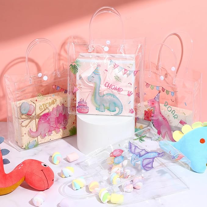 Aliceset 20 Pcs Pink Dinosaur Clear Treat Bags with Handles Cute Watercolor Dinosaur Party Favor Dino Gifts Bags for Birthday Dino Theme Party Supplies Candy, 8 x 8 x 3.15 Inch