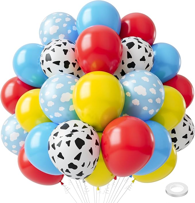 Blue Red Yellow Balloons, 60pcs 12 Inches Cow Pattern Cloud Yellow Red Blue with 1 Ribbon for Birthday Baby Shower Party Decorations
