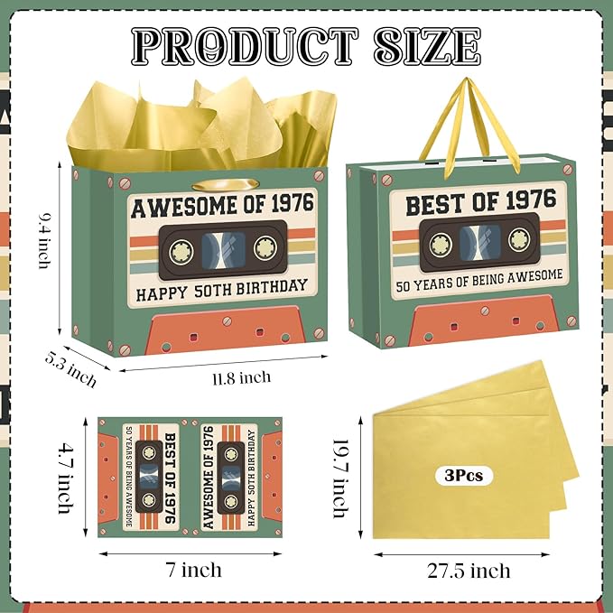 50th Birthday Gift Bag for Men Women Retro Tape 1976 Birthday Party Favor Bags with Tissue Paper and Card Green Vintage Cassette 50 Years Old Gift Wrapping Bag Decorations for Mom Dad Friends Gifts