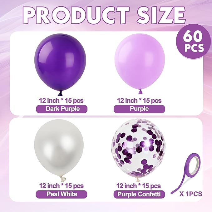 Lavender Balloons Pearl White and Purple Balloons, 60 Pcs 12 Inch Latex Balloons with 1 Ribbon, Light Purple Balloon for Birthday Wedding Baby Shower Bridal Shower Party Decorations