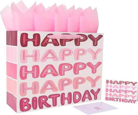 Qirrmiy 16.5" Extra Large Pink Happy Birthday Gift Bag Set with Handles, Greeting Card, Tissue Papers and Stickers for Women Girls Kids Teens, Words Design, 1 Pcs