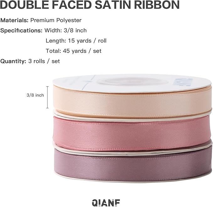 QIANF Dusty Rose Double Face Satin Ribbon 3/8 Inch x 45 Yards Champagne Pink/Rose Gold/Mauve Fabric Ribbon for Gift Wrapping, Flower Bouquets, Bows Making, Wedding Decor (3 Rolls *15Yd)