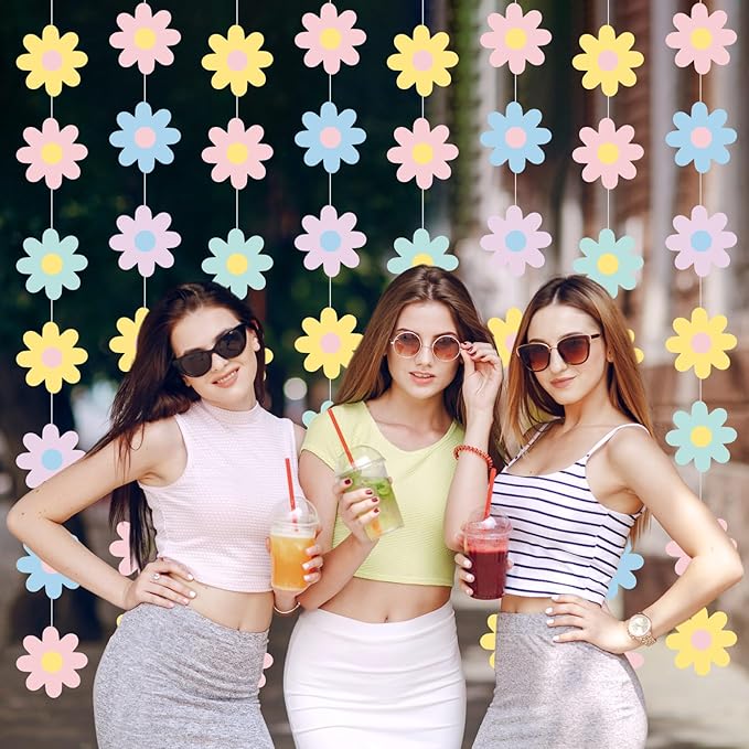 Pasimy 8 Pcs Daisy Boho Party Decorations Groovy Daisy Paper Garlands White Flower Hanging Garland Banner Hippie Flower Cutouts for Birthday Shower Wedding Party Favor Supplies(Groovy,Pastel)