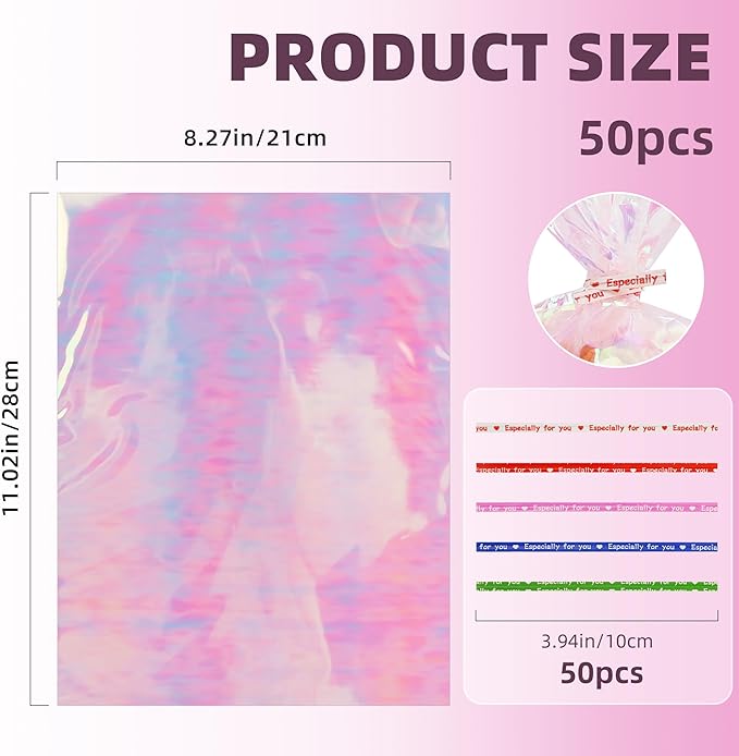 50 PCS Holographic Bags(8x11 Inch) with Colorful Ties, Clear PLastic Iridescent Cellophane Goodie Gift Treat Candy Goody Cookie Bags for Holiday Birthday Valentines Party Favors Supplies Decorations