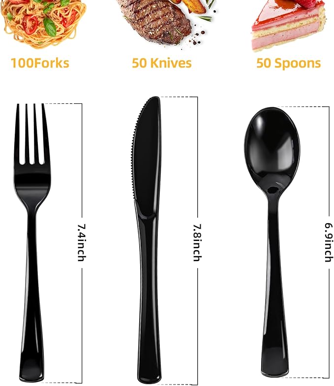 N9R 200PCS Black Plastic Silverware, Heavy Duty Black Plastic Cutlery Set Disposable Flatware Dinnerware, 100 Forks, 50 Knives, 50 Spoons for Outdoor Events, Party, Wedding and Daily Use