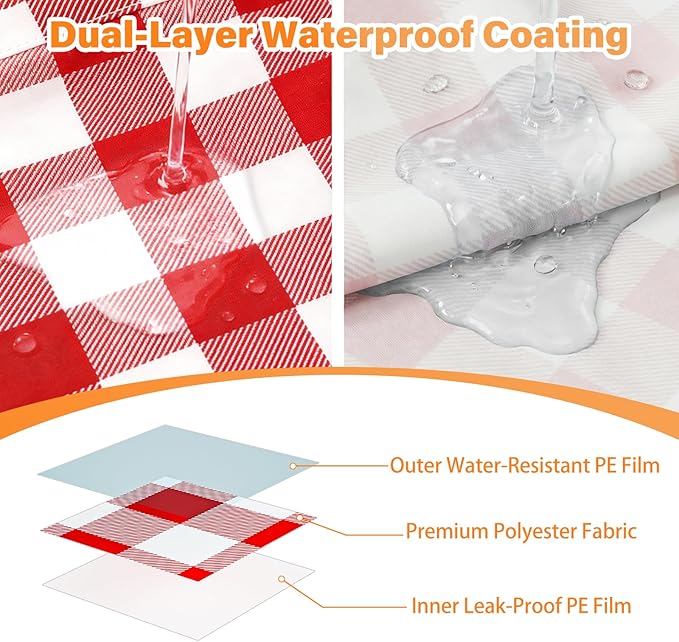 HappyTrends Fitted Picnic Table Cover with Bench Covers - 6FT Dual Layer Waterproof Camping Tablecloth with Windproof Elastic Edging & Bag, Washable RV Camping Accessories (96x30in, Red Checkered)